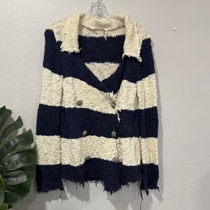 Free People distressed nautical Navy and Cream Chunky Knit Sweater